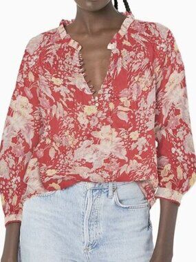 NWT PAIGE Floral Boho Blouse XL Red Yellow Smocked Romantic Cottage Button Front